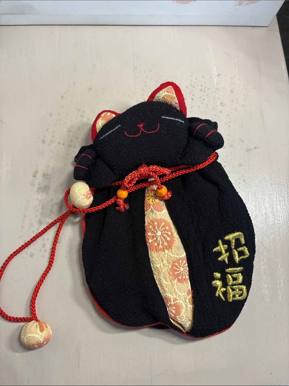 Black Lucky Cat Drawstring Pouch with Red Accents